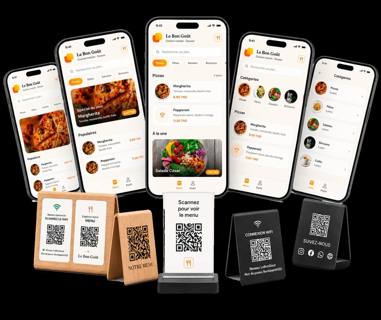 Le menu QR Scaniha sur smartphone et ses présentoirs QR de table