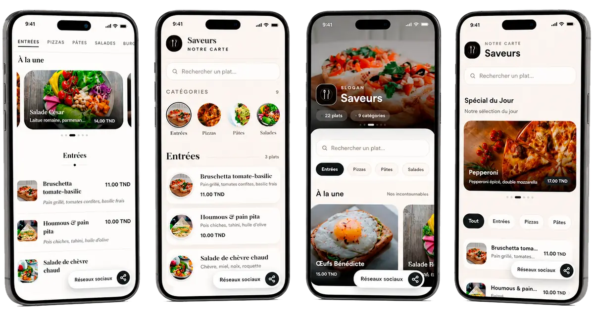 Le menu numérique Scaniha affiché sur plusieurs smartphones